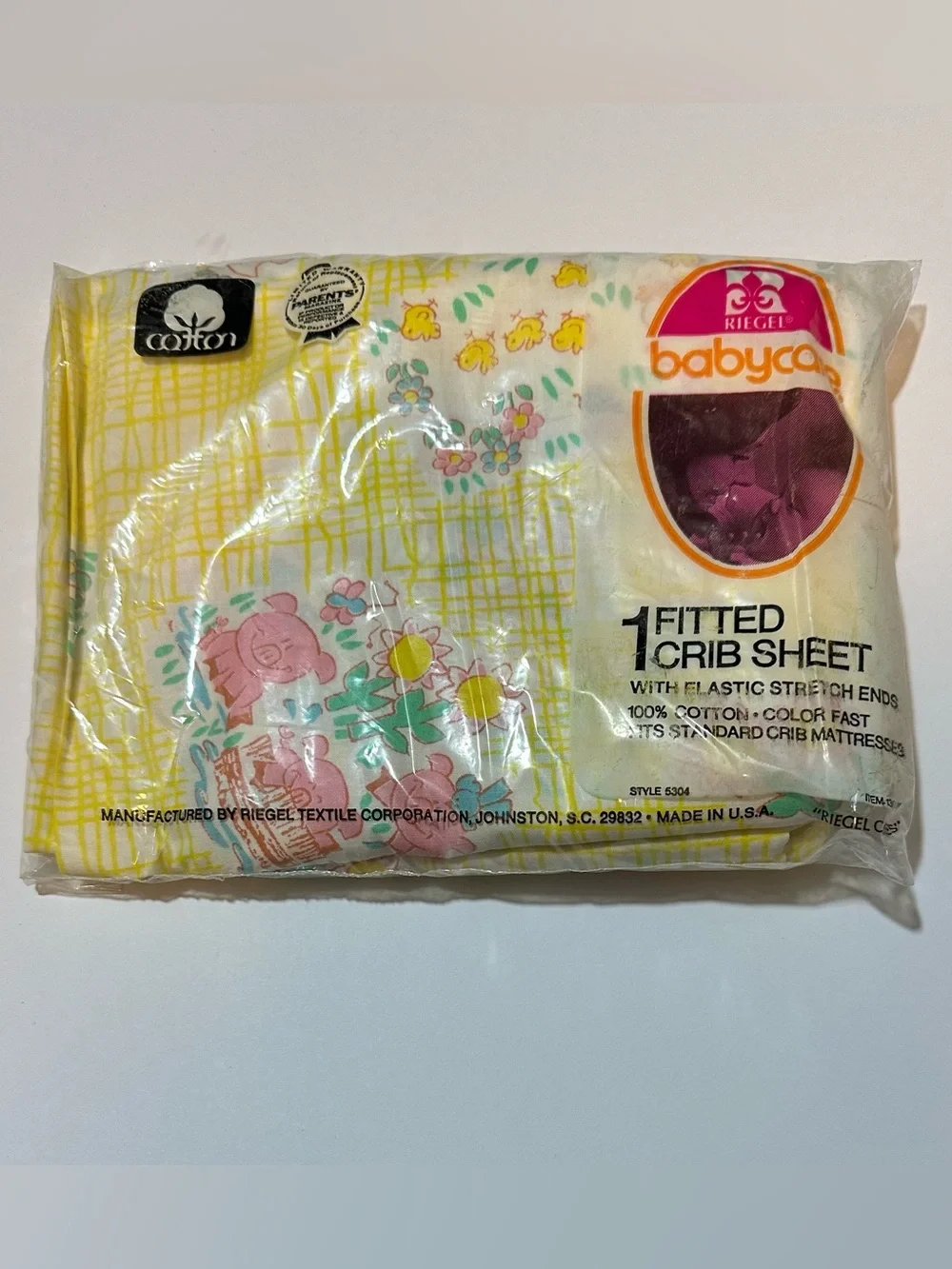 Vtg 70s Riegel Fitted Crib Sheet Pigs Chicks Flowers Farm